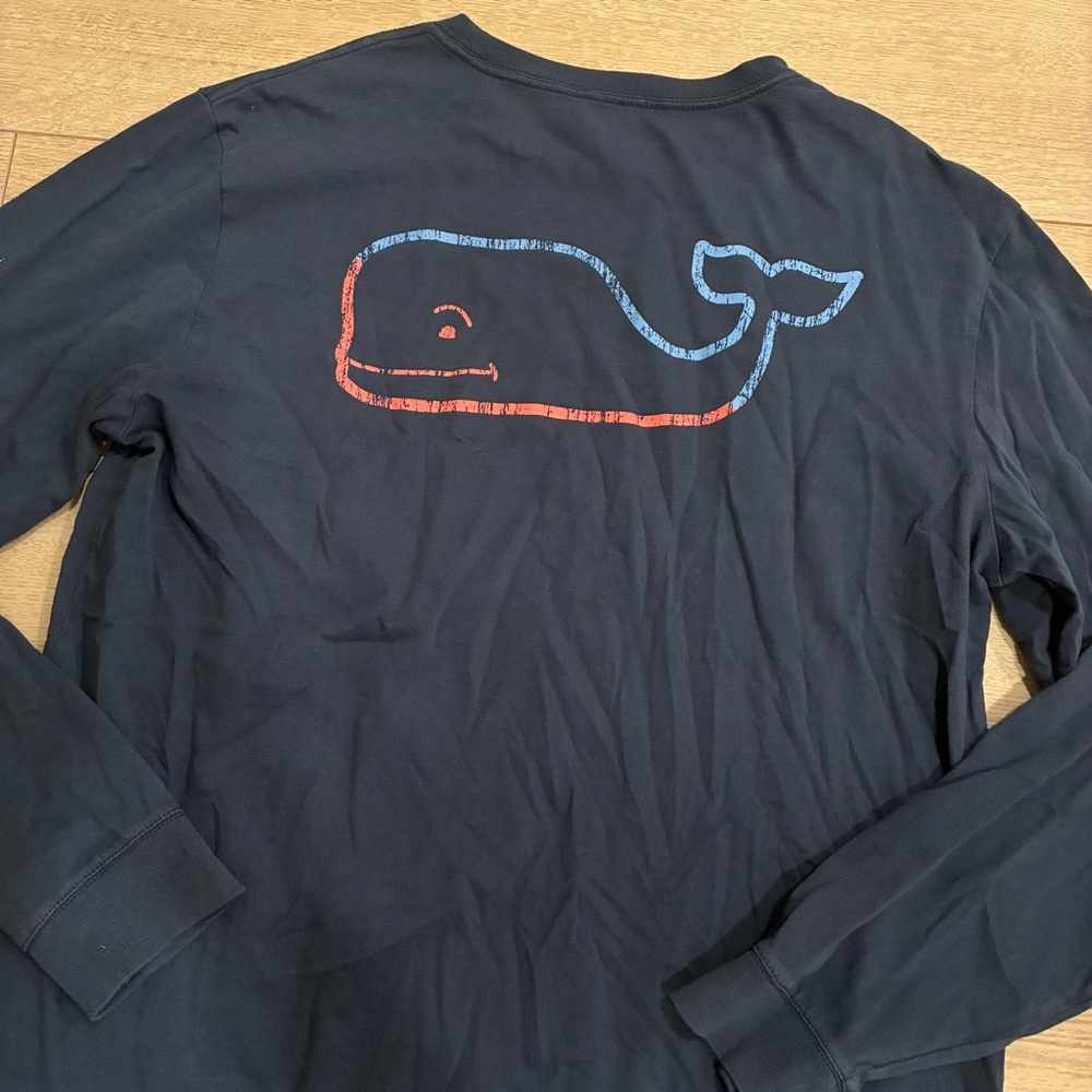 Vineyard Vines Unisex Navy Blue Orange Distressed Whale Pocket T-shirt Size M